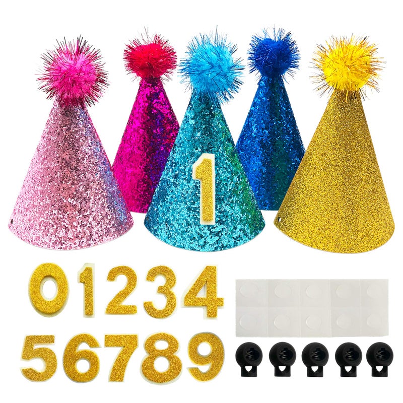 PET SHOW 5pcs Small Dog Birthday Hat Set for Boys Girls Medium Dogs Cat Kitten Puppies Party Hats with 0-9 Numbers 10 Glue Grooming Accessories - Image 1